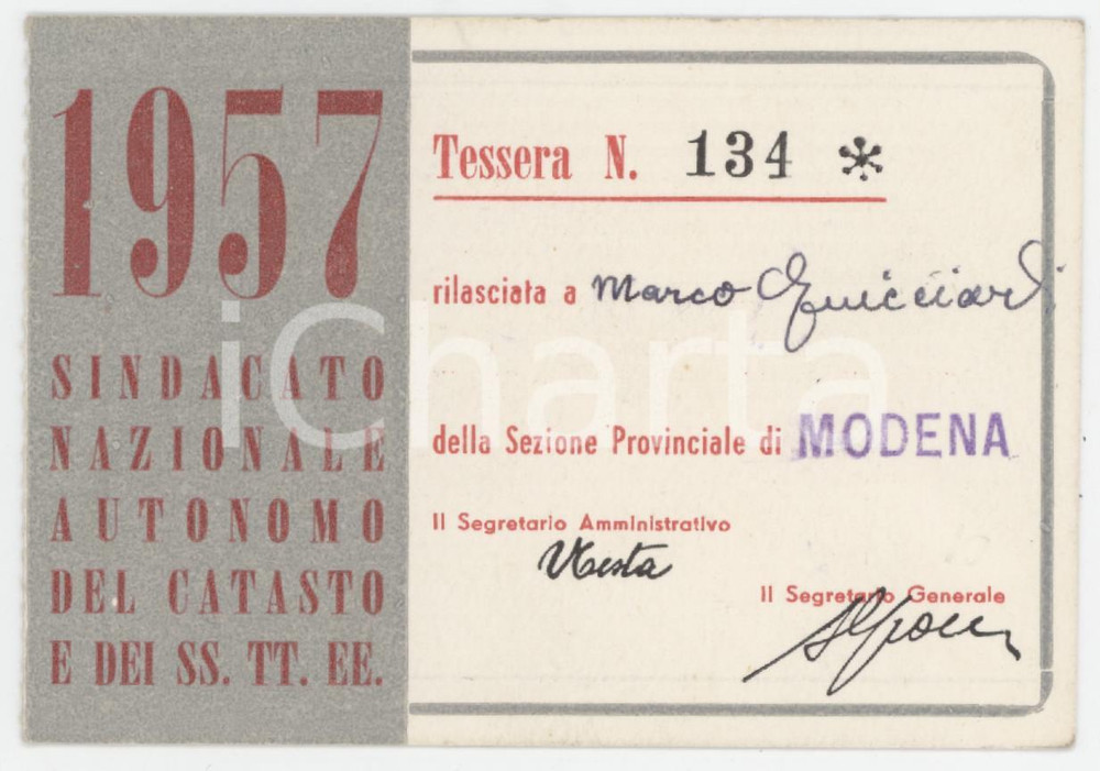 1957 MODENA Sindacato autonomo del catasto e dei SS.TT.EE. - Tessera 10x7 cm