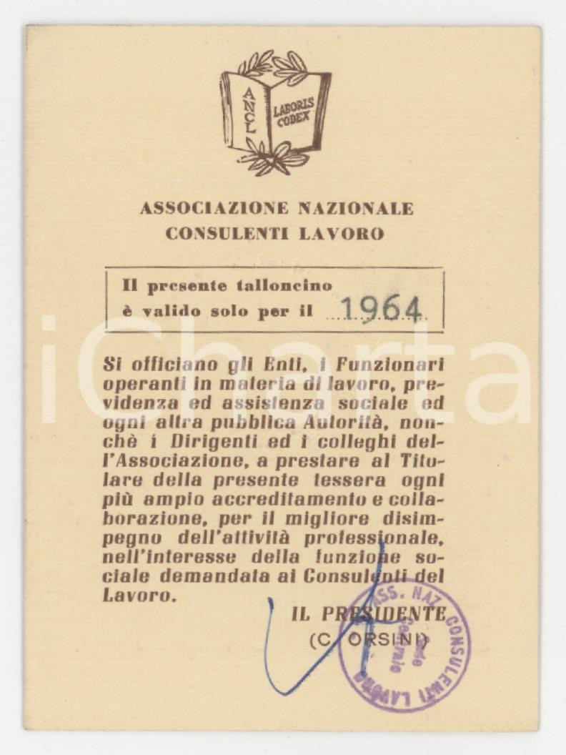 1964 VERCELLI - ANCL Associazione Nazionale Consulenti Lavoro - Tessera 6x8 cm