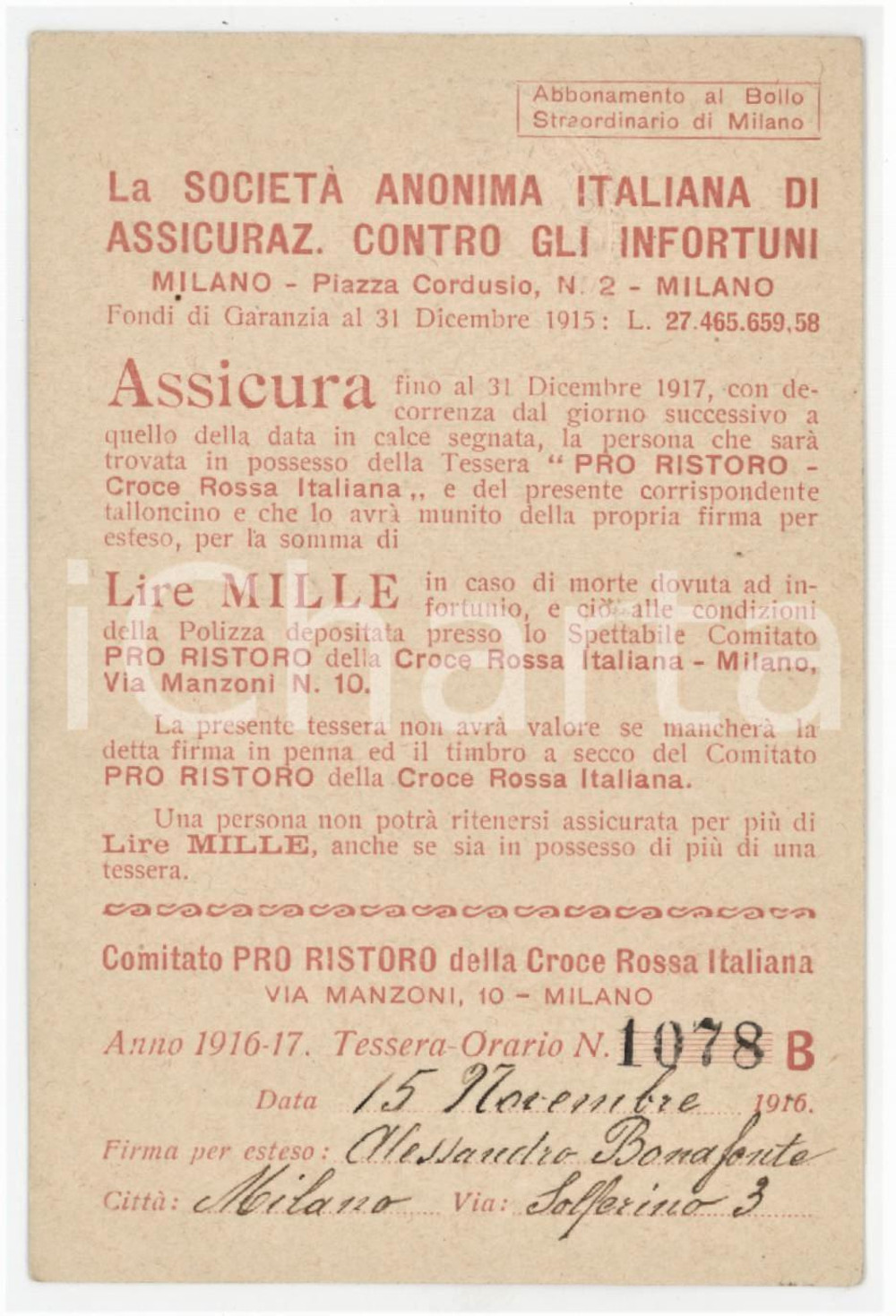 1916 MILANO - SAI Assicurazioni - Tessera pro ristoro CROCE ROSSA ITALIANA
