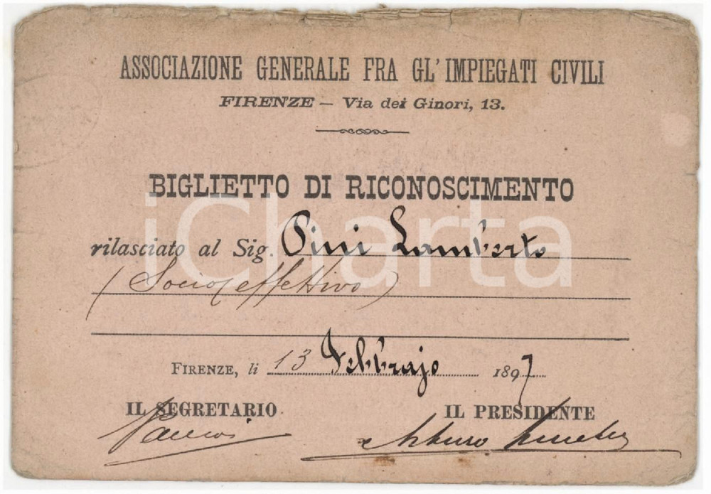 1897 FIRENZE Associazione generale fra gl'impiegati civili - Tessera 11x8 cm
