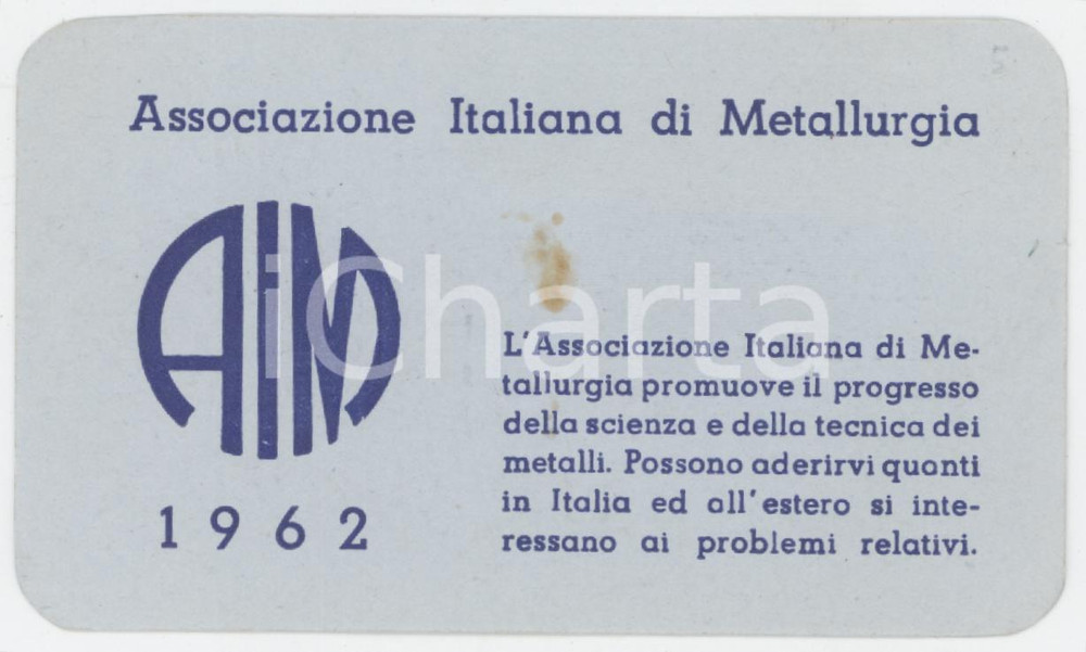 1962 MILANO Ass. Metallurgia - Tessera Giovanni ROLANDI Presidente MONTEVECCHIO