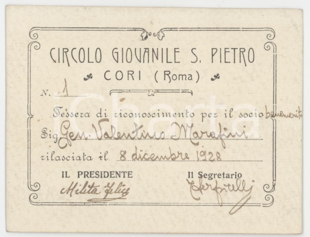 1928 CORI Circolo Giovanile San Pietro - Tessera del Generale Valentino MARAFINI