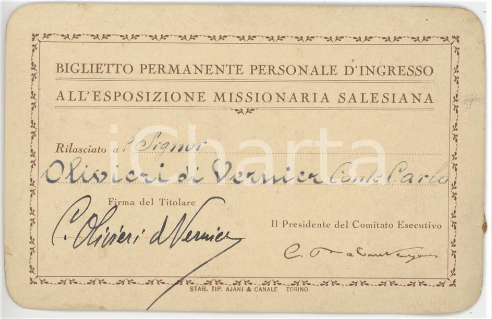 1920 ca TORINO Esposizione salesiana - Tessera Conte Carlo OLIVIERI DI VERNIER