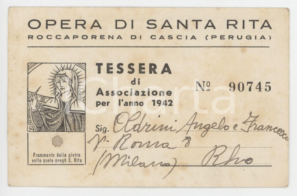 1942 ROCCAPORENA DI CASCIA Opera di Santa Rita - Tessera 11x7 cm