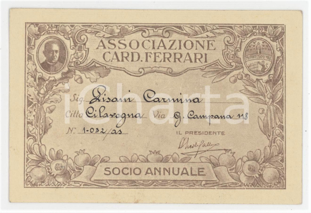 1953 CILAVEGNA Tessera Associazione Cardinal Ferrari 10x7 cm