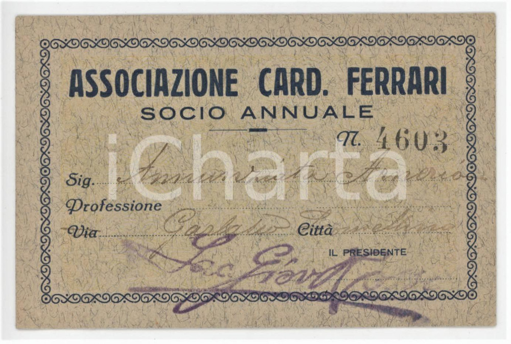 1925 GARLASCO Tessera Associazione Cardinal Ferrari 11x7 cm
