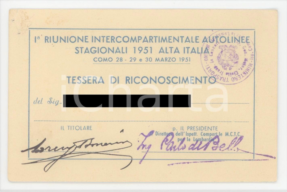 1951 COMO - I^ Riunioni autolinee stagionali Alta Italia - Tessera 11x7 cm