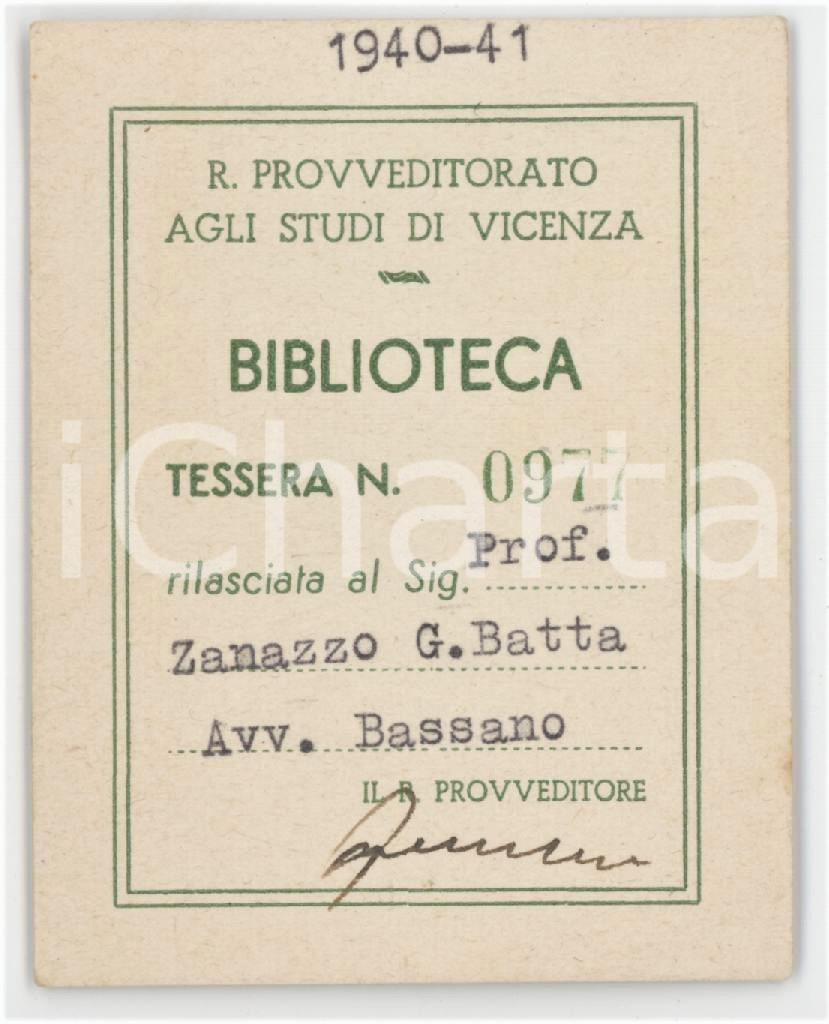 1940 BIBLIOTECA DI VICENZA Tessera del Prof. Giovanni Battista ZANAZZO 6x8 cm
