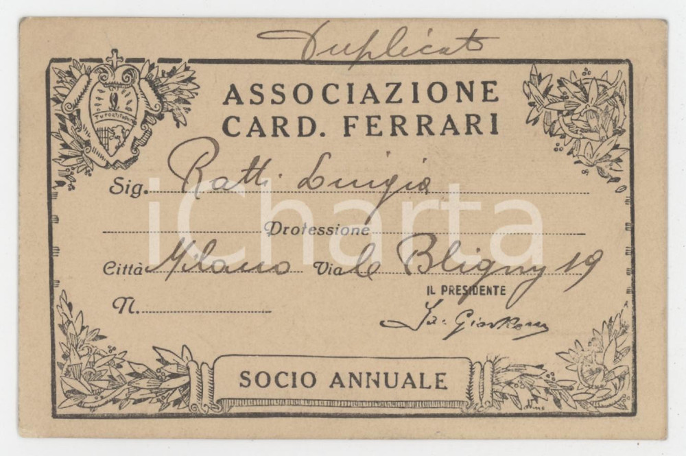 1928 MILANO Tessera Associazione Cardinal Ferrari 10x7 cm