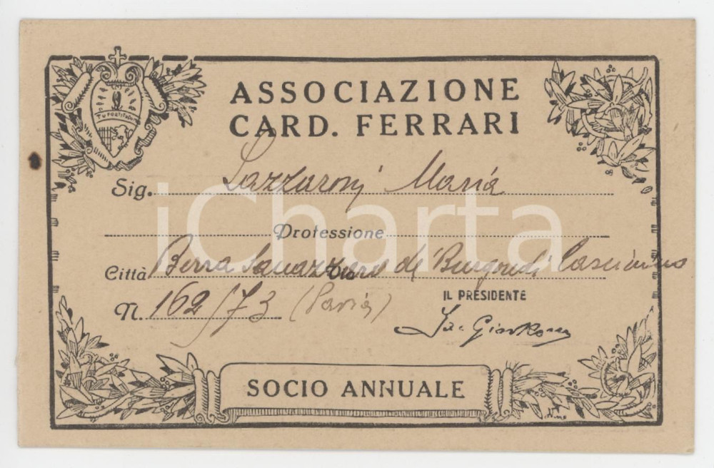 1927 SANNAZZARO DE' BURGONDI Tessera Associazione Cardinal Ferrari 10x7 cm