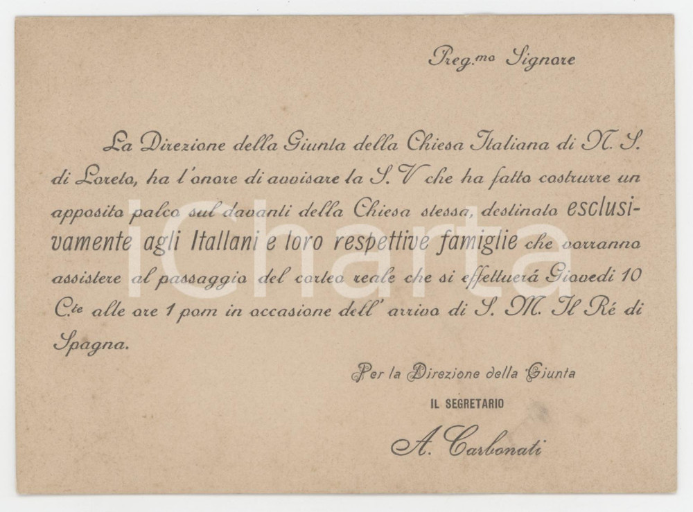1900 ca SANTUARIO DI LORETO Palco per la visita del Re di Spagna - Biglietto