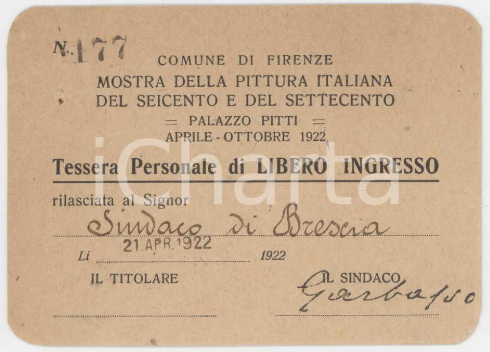 1922 FIRENZE Palazzo Pitti - Pittura italiana del seicento e settecento *Tessera