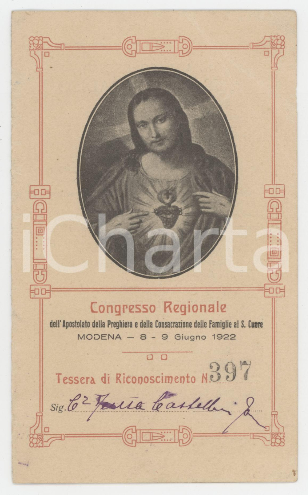1922 MODENA Congresso dell'apostolato della preghiera - Tessera 9x15 cm