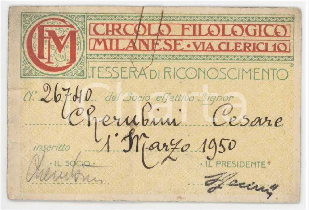 1950 MILANO Circolo filologico milanese - Tessera Cesare CHERUBINI 9x7 cm