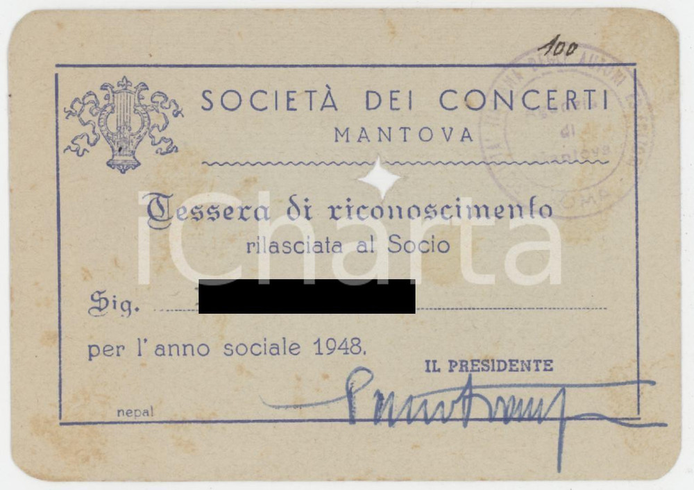 1948 MANTOVA Società dei concerti - Tessera di riconoscimento 10x7 cm
