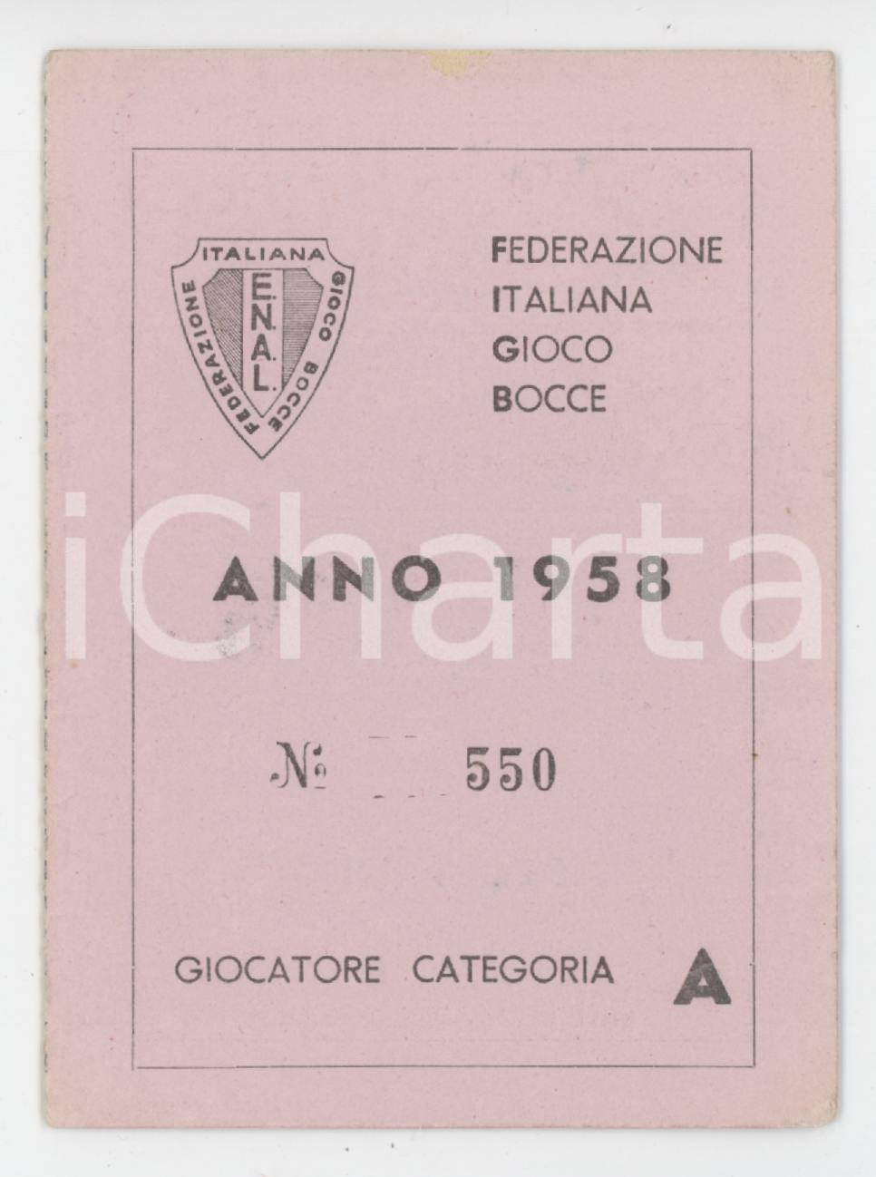 1958 MANTOVA Società Bocciofila Mantovana - Tessera FIGB Categoria A - 6x8 cm