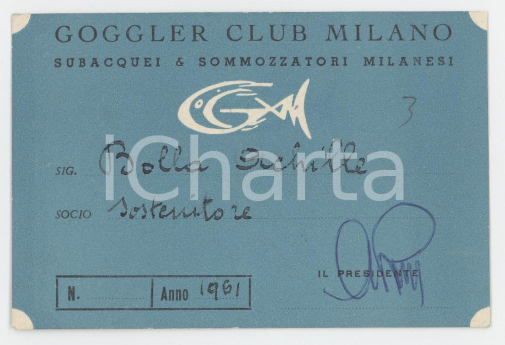 1961 GOGGLER CLUB MILANO Tessera di Achille BOLLA Subacquei e sommozzatori