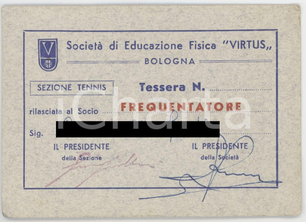 1958 BOLOGNA Società di educazione fisica VIRTUS Tessera 11x8 cm