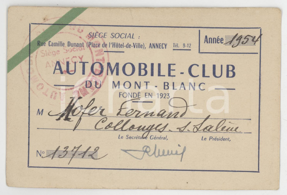1954 ANNECY Automobile Club du Mont Blanc - Carte d'identité 12x8 cm