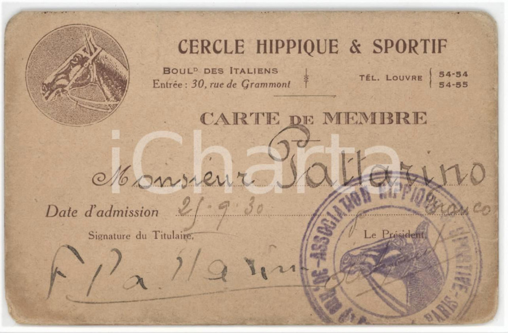 1930 PARIS Cercle hippique & sportif - Carte de membre 10x6 cm