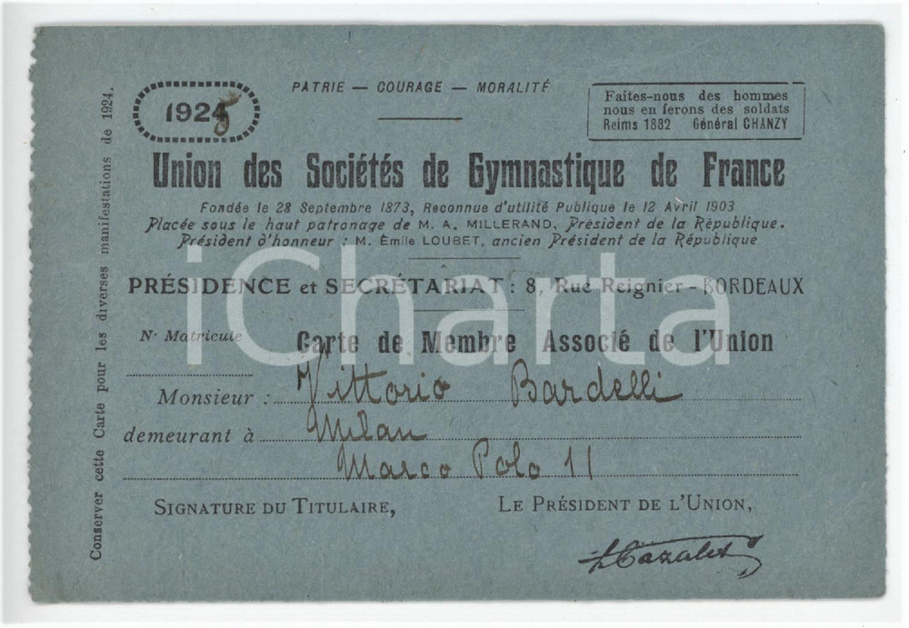 1925 BORDEAUX Union des sociétés de Gymnastique de France - Carte de membre 12x8 Tessera d'epoca. CONDIZIONI:FAIR/discreto Gualciture ai marginiFORMATO: 12x8 cm originale e autentica 1