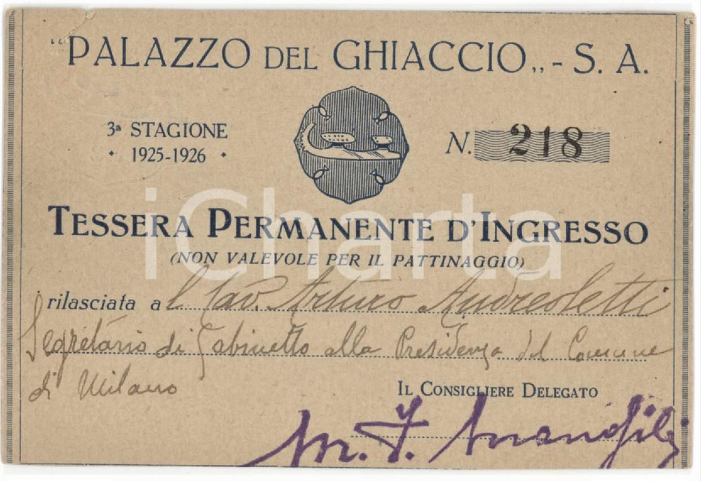 1925 MILANO Palazzo del ghiaccio - Tessera permanente di ingresso 10x7 cm