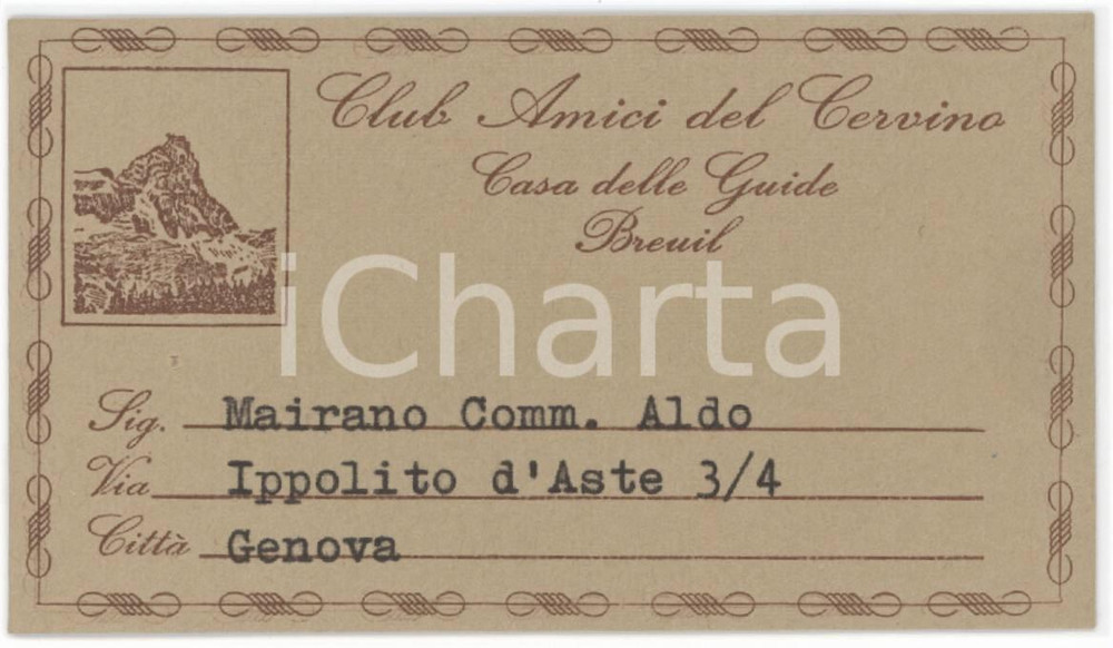 1950 ca BREUIL Casa delle guide - Tessera di Aldo MAIRANO Club amici del Cervino
