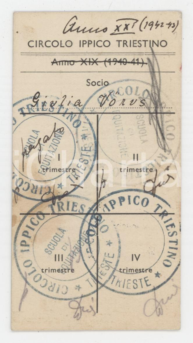 1942 TRIESTE Circolo ippico triestino - Tessera scuola di equitazione 5x9 cm
