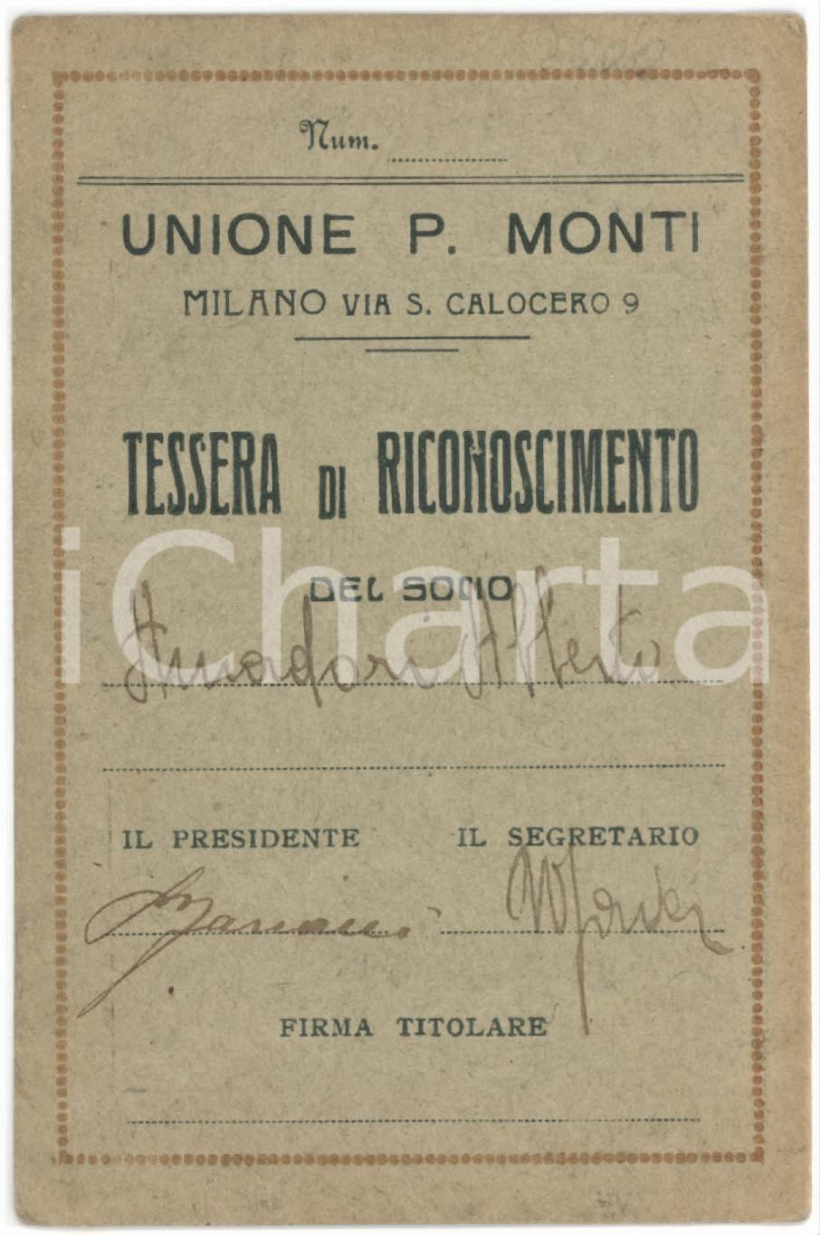 1931 MILANO Unione P. MONTI - Tessera di riconoscimento 7x11 cm