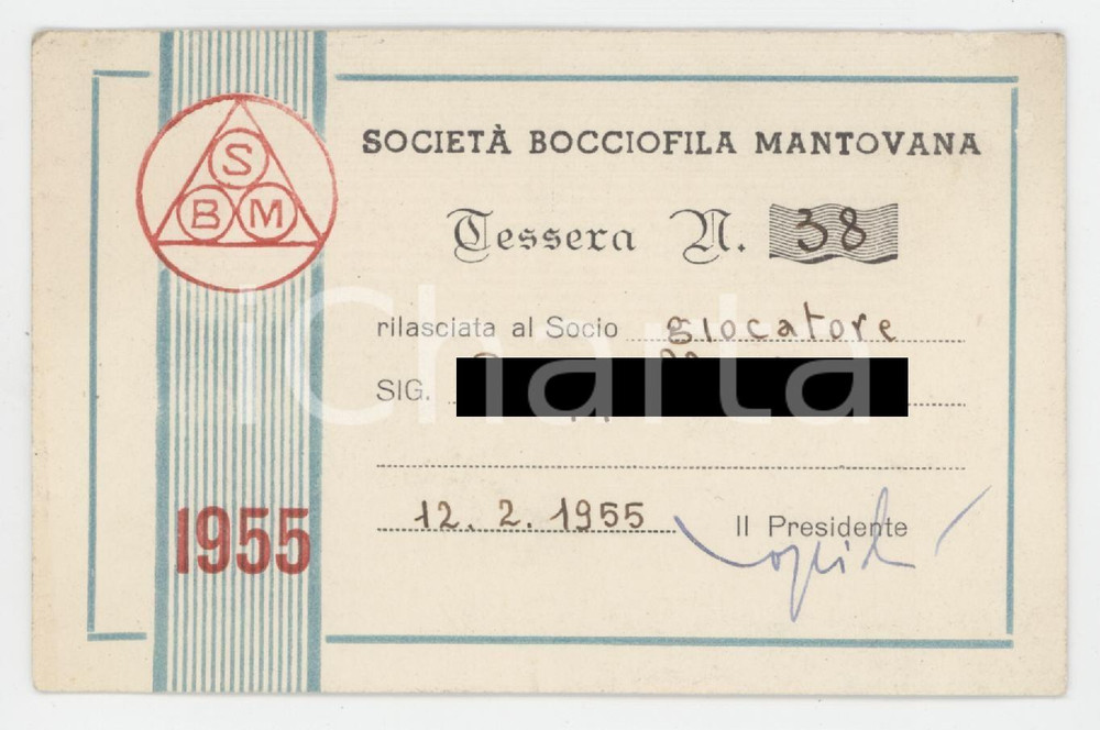 1955 MANTOVA - SBM Società Bocciofila Mantovana - Tessera 10x7 cm