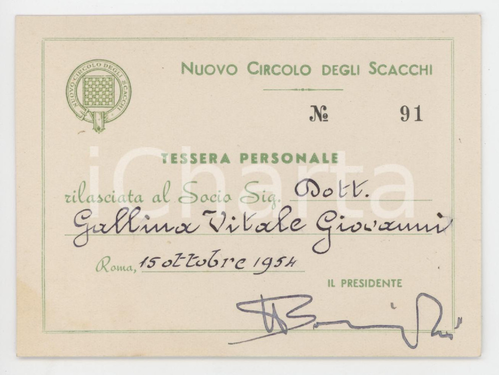 1954 ROMA Nuovo circolo degli scacchi - Tessera di Vitale Giovanni GALLINA 10x7