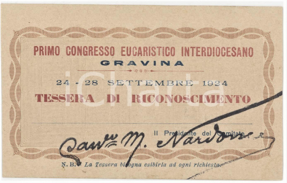 1924 GRAVINA IN PUGLIA Primo congresso eucaristico interdiocesano *Tessera 11x7 Tessera d'epoca. FAIR/discreto Lievi smussature agli angoli Formato: 11x7 cm originale e autentica 1
