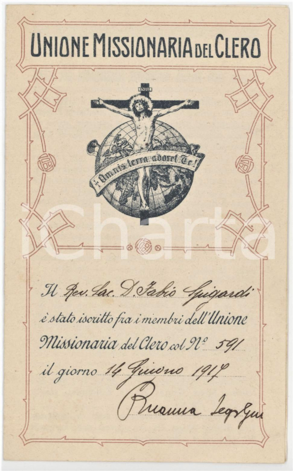 1919 MILANO Unione Missionaria del Clero - Tessera di Don Fabio SPIGARDI 8x12 cm