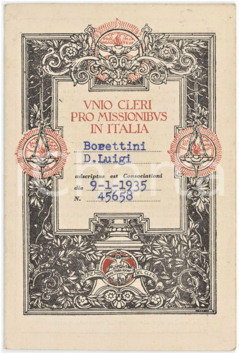 1935 MILANO Unione Missionaria del Clero - Tessera di Don Luigi BORETTINI 8x12