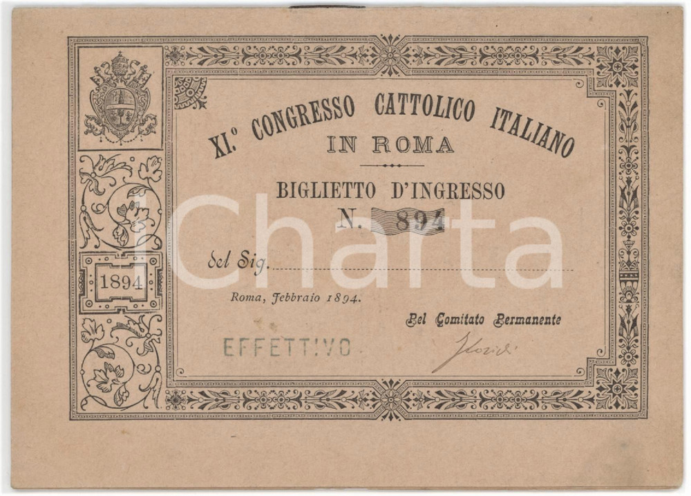 1894 ROMA - XI Congresso Cattolico Italiano - Biglietto d'ingresso 14x10 cm
