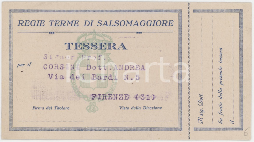 1927 REGIE TERME DI SALSOMAGGIORE Tessera del Prof. Andrea CORSINI 14x8 cm
