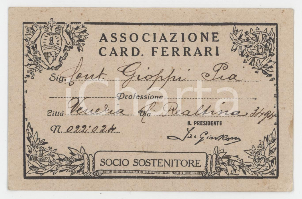 1929 MILANO Associazione Card. Ferrari - Tessera contessa Pia GROPPI