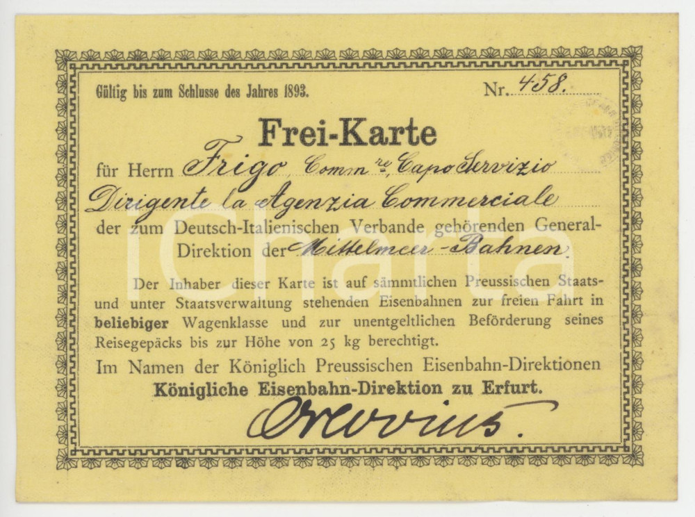 1893 MITTELMEER-BAHNEN Deutsch italienischen verbande - Karte Commendator FRIGO