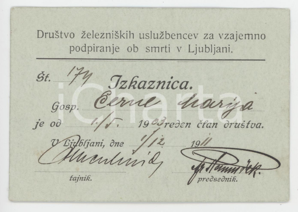 1911 LJUBLJANA Drustvo zelezniskih uslužbencev za vzajemno podpiranje ob smrti