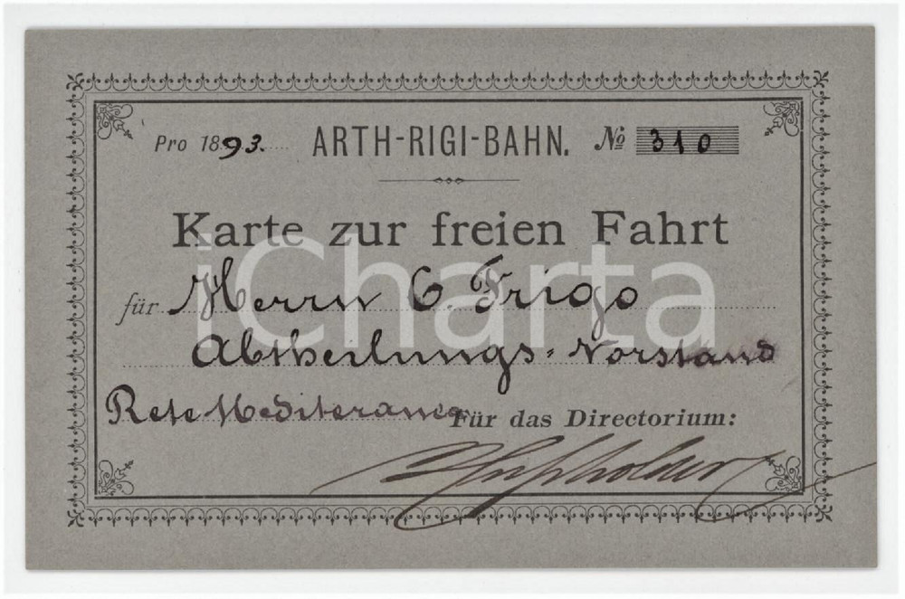 1893 SWITZERLAND Arth-Rigi-Bahn - Karte zu freien fahrt 10x6  cm
