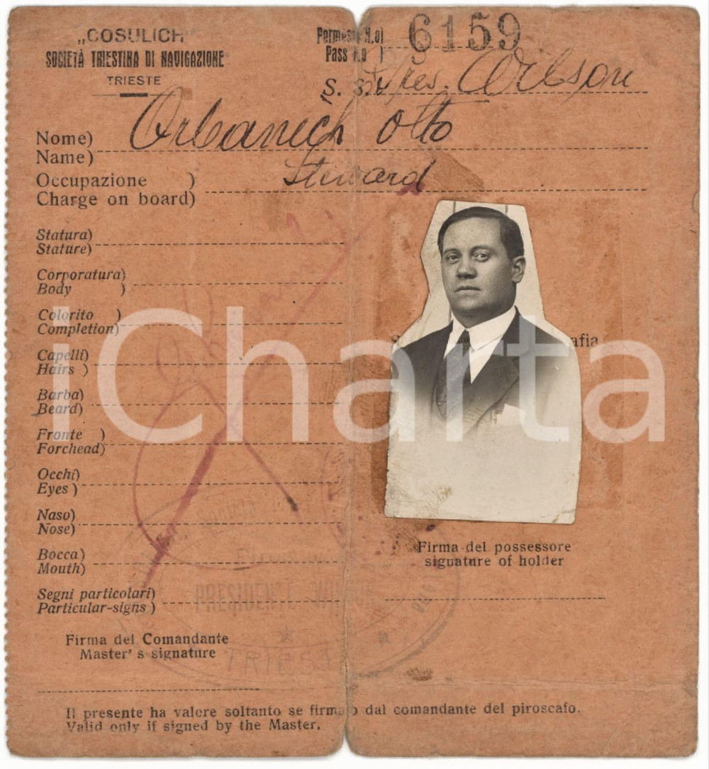 1900 ca TRIESTE Società di navigazione COSULICH Pass di Otto ARBANECK con foto