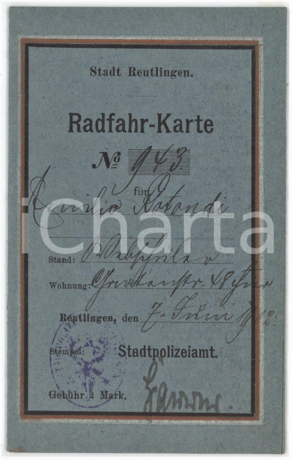 1902 Stadt REUTLINGEN (D) Radfahr-Karte Emilio ROTONDI