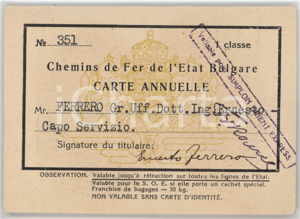 1930 ca BULGARIE Chemins de fer de l'etat bulgare - Carte annuelle 11x8 cm