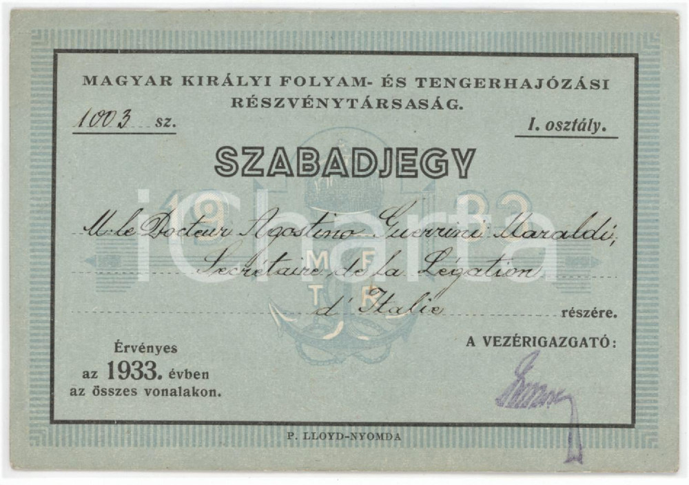 1933 HUNGARY Magyar Kiralyi Folyam - Szabadjegy Agostino GUERRINI MARALDI