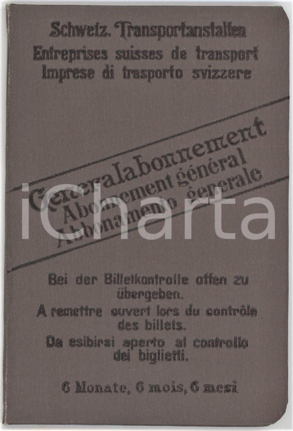 1920 ca SCHWEIZ TRANPORTANSTALTEN Generalabonnement - Specimen card 8x12 cm