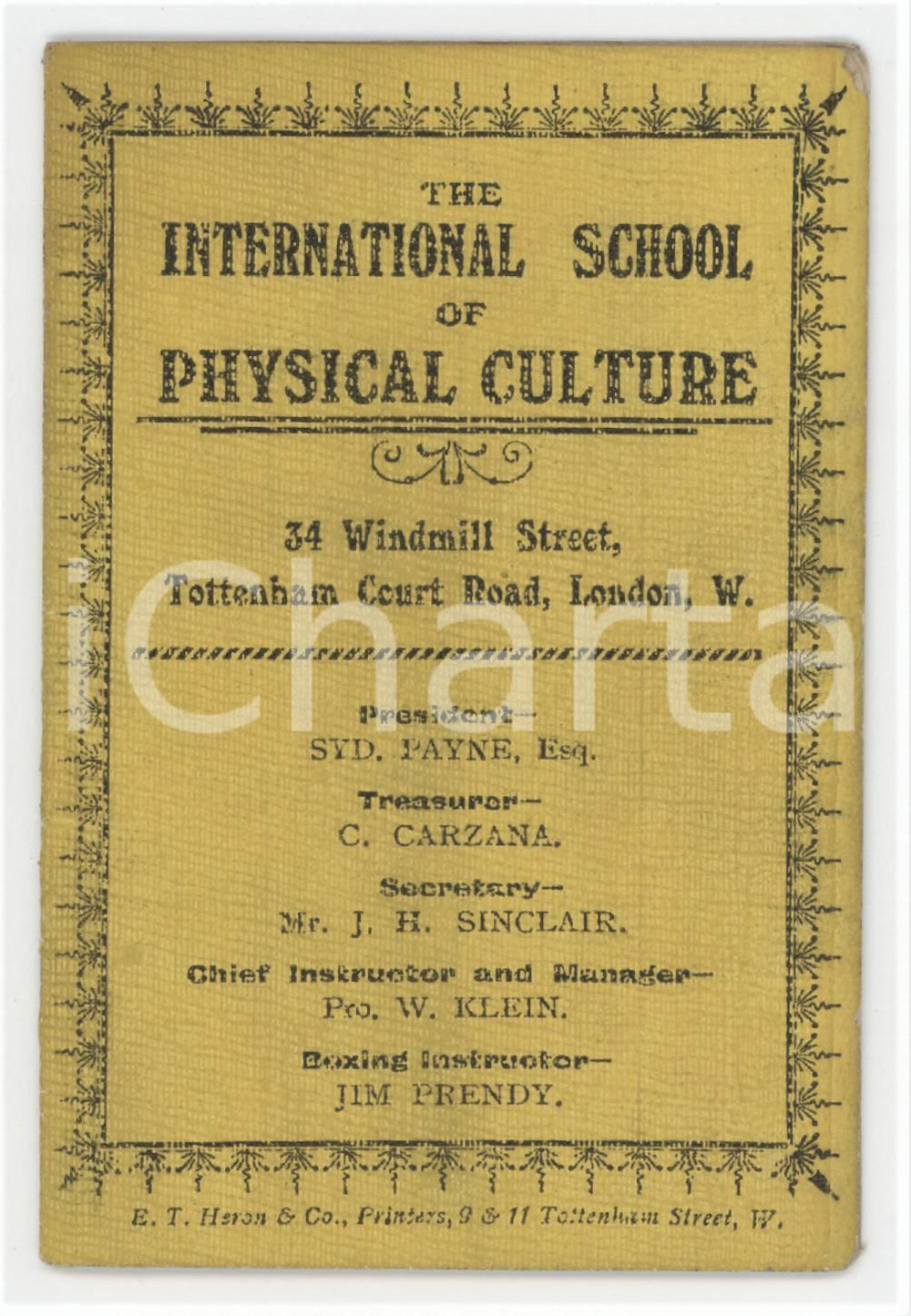 1910 ca LONDON The International School of Physical Culture - Contribution card