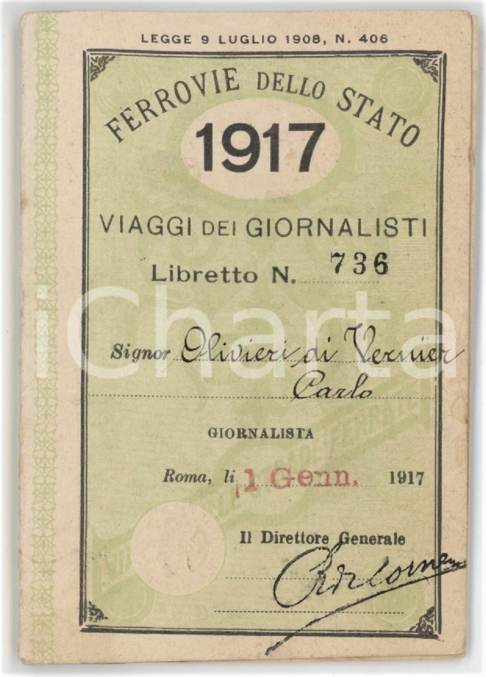 1917 FERROVIE DELLO STATO Viaggi giornalisti *Libretto Carlo OLIVIERI DI VERNIER Carnet di biglietti ferroviari d'epoca. Uno solo &egrave; presente, gli altri sono tutti distaccati ed &egrave; rimasta la matrice. FAIR/discreto buone condizioni interne, ma ampia abrasione al verso Formato: 7x10 cm originale e autentica 1