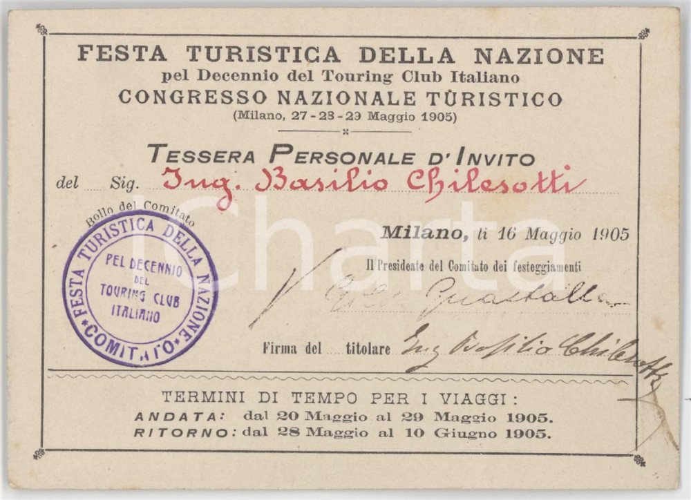 1905 MILANO TCI Festa turistica della nazione - Tessera ing. Basilio CHILESOTTI