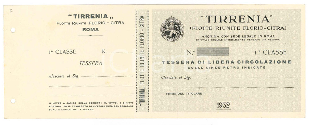 1932 ROMA - TIRRENIA Flotte riunite FLORIO - CITRA Tessera di prima classe