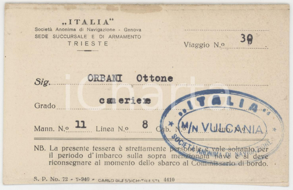 1940 Navigazione ITALIA - M/N VULCANIA - Tessera Ottone ORBANI cameriere
